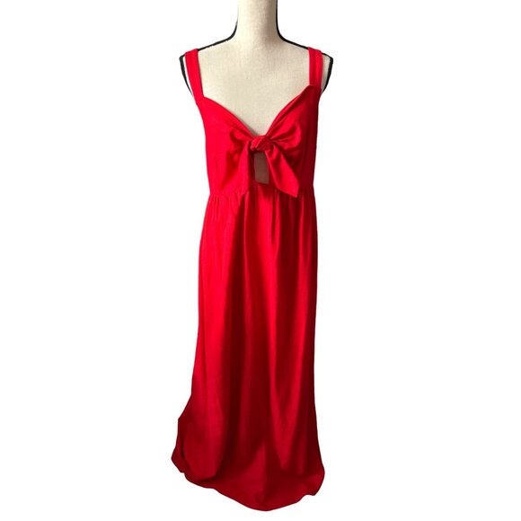 Eloquii Linen Red Dress Front Tie Sweetheart Neckline Smock Back Unlined Size 18 - Picture 3 of 9